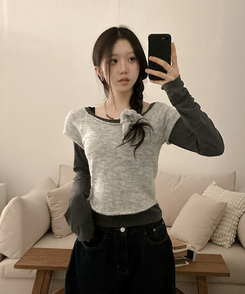 【SET着用可能】ボートネック半袖ニット 長袖Tシャツ GREY