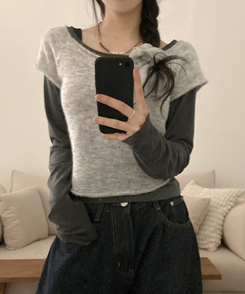 【SET着用可能】ボートネック半袖ニット 長袖Tシャツ GREY