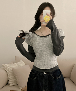 【SET着用可能】ボートネック半袖ニット 長袖Tシャツ GREY