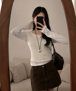 【SET着用可能】ボートネック半袖ニット 長袖Tシャツ IVORY