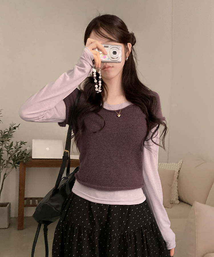 【SET着用可能】ボートネック半袖ニット 長袖Tシャツ PURPLE