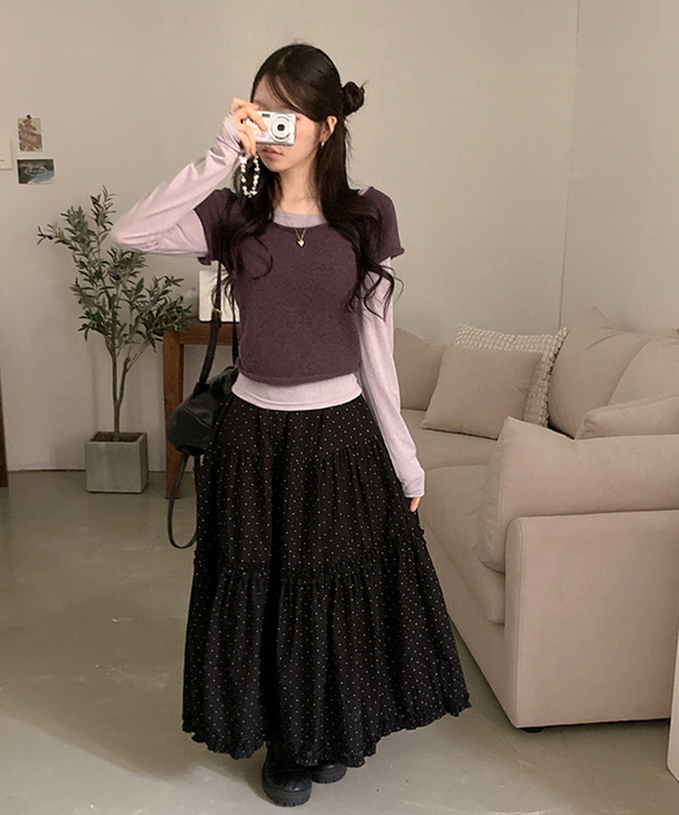 【SET着用可能】ボートネック半袖ニット 長袖Tシャツ PURPLE