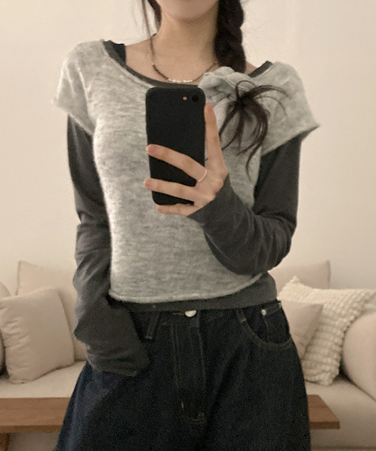 【SET着用可能】ボートネック半袖ニット 長袖Tシャツ GREY