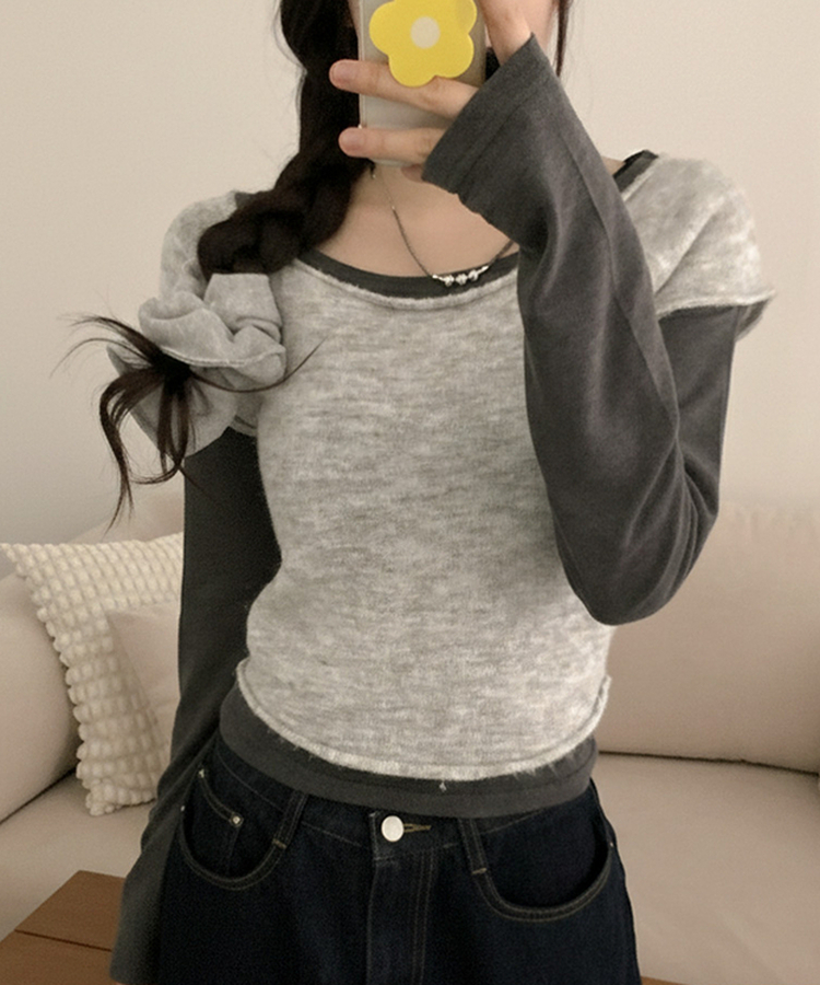 【SET着用可能】ボートネック半袖ニット 長袖Tシャツ GREY