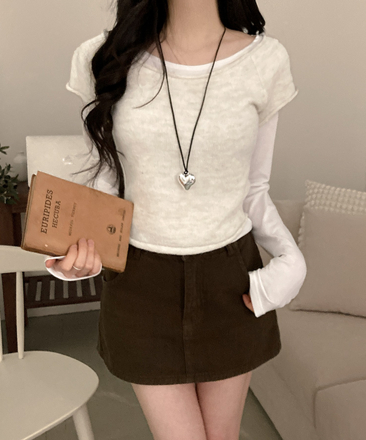 【SET着用可能】ボートネック半袖ニット 長袖Tシャツ IVORY