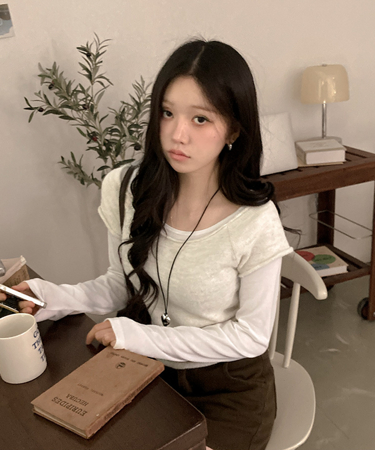 【SET着用可能】ボートネック半袖ニット 長袖Tシャツ IVORY