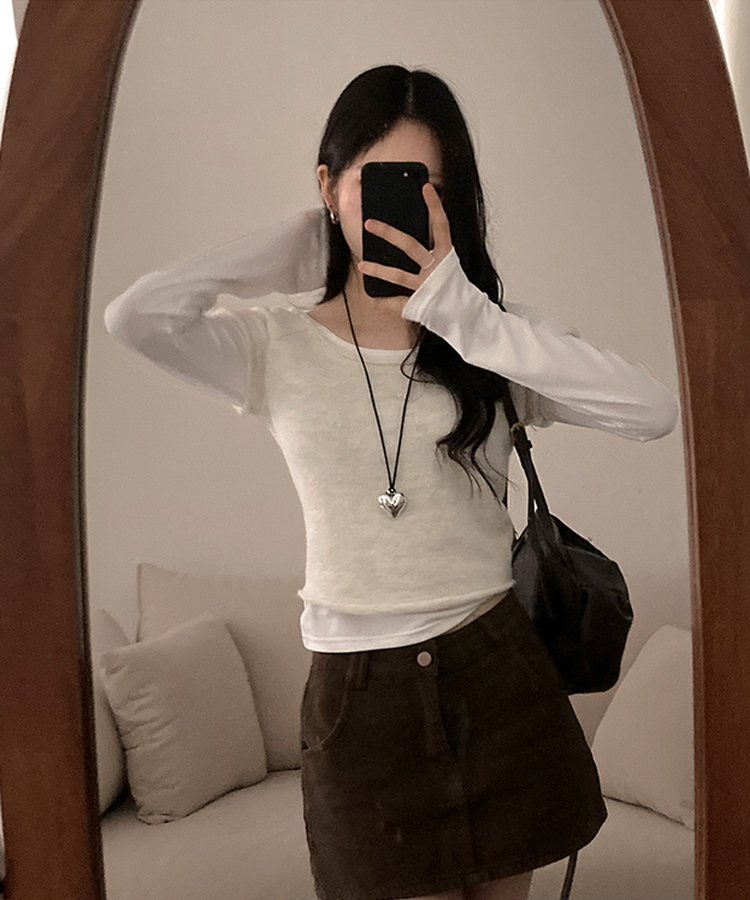 【SET着用可能】ボートネック半袖ニット 長袖Tシャツ IVORY