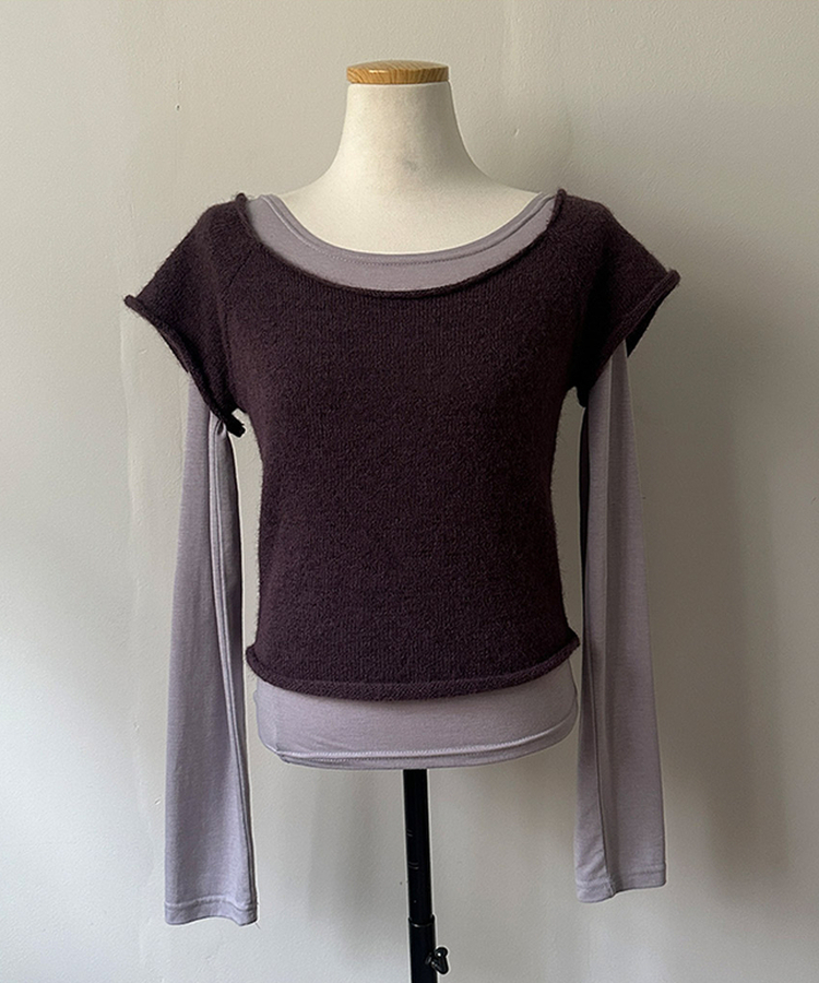 【SET着用可能】ボートネック半袖ニット 長袖Tシャツ