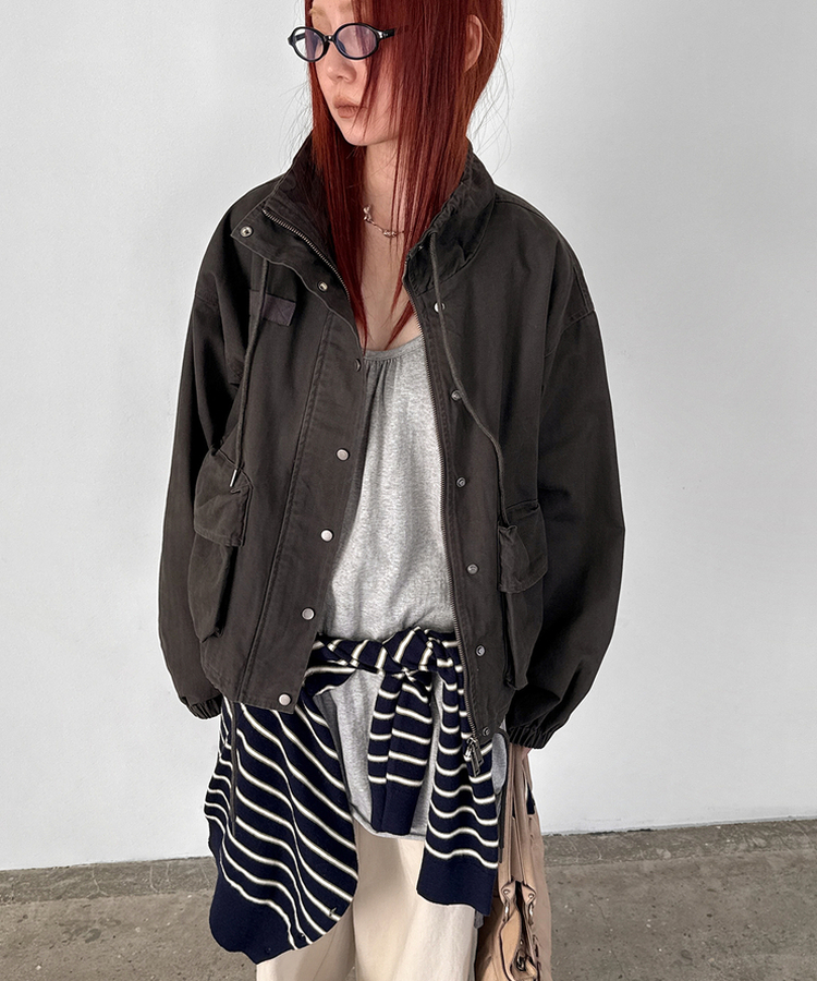 ヘリンボーンハイネックジャンパー CHARCOAL