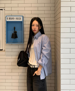 ストライプレタリングオーバーシャツ BLUE