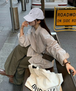 ストライプレタリングオーバーシャツ BEIGE