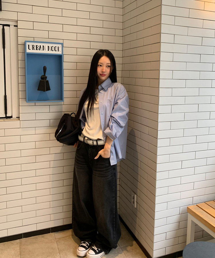 ストライプレタリングオーバーシャツ BLUE