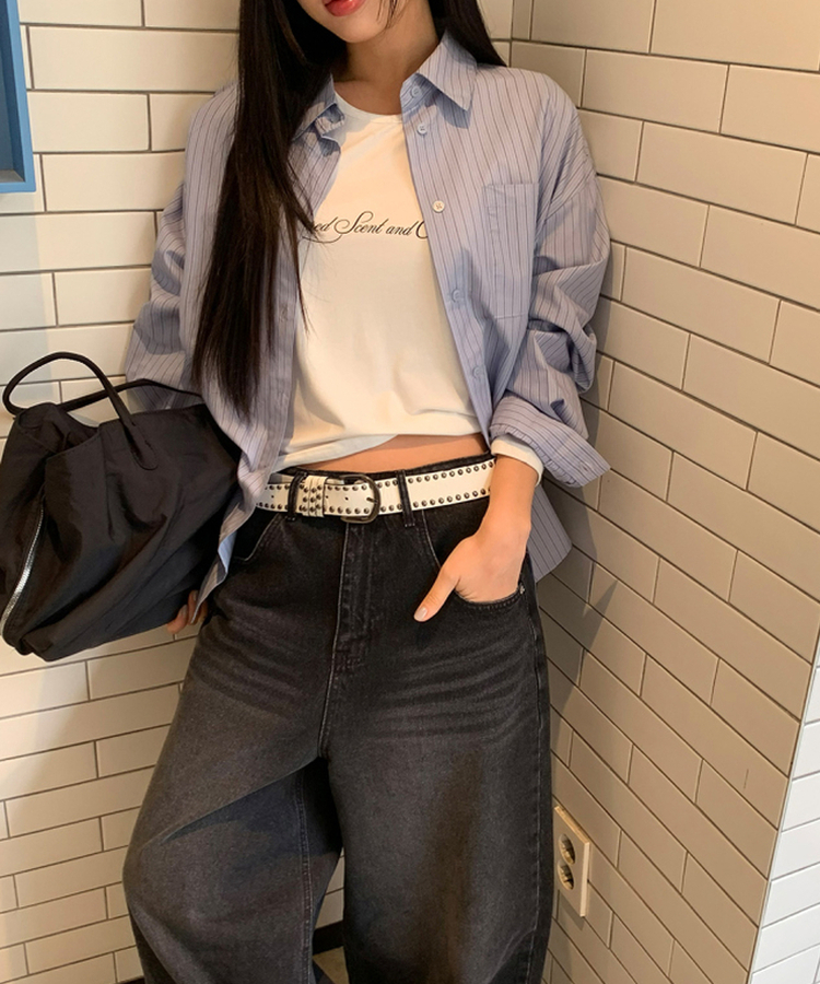 ストライプレタリングオーバーシャツ BLUE