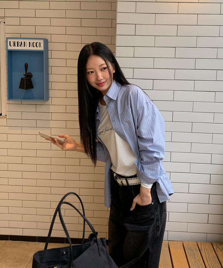 ストライプレタリングオーバーシャツ BLUE