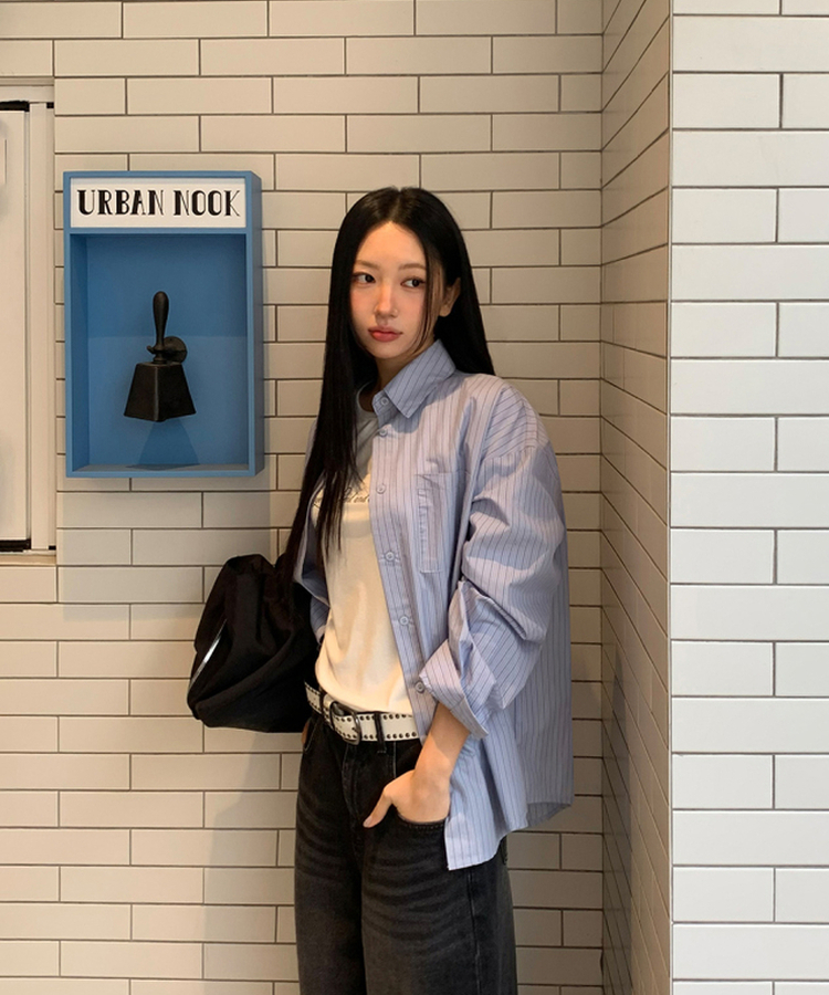 ストライプレタリングオーバーシャツ BLUE