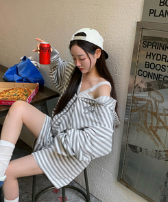 【SET】ストライプフードジップアップ＋ショートパンツ GREY