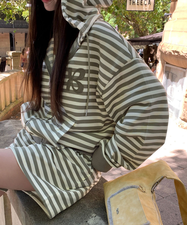 【SET】ストライプフードジップアップ＋ショートパンツ KHAKI