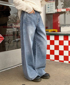 サイドピンテックワイドデニムパンツ MID DENIM