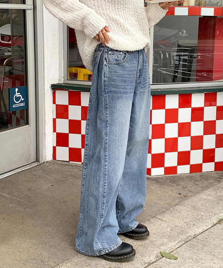 サイドピンテックワイドデニムパンツ MID DENIM