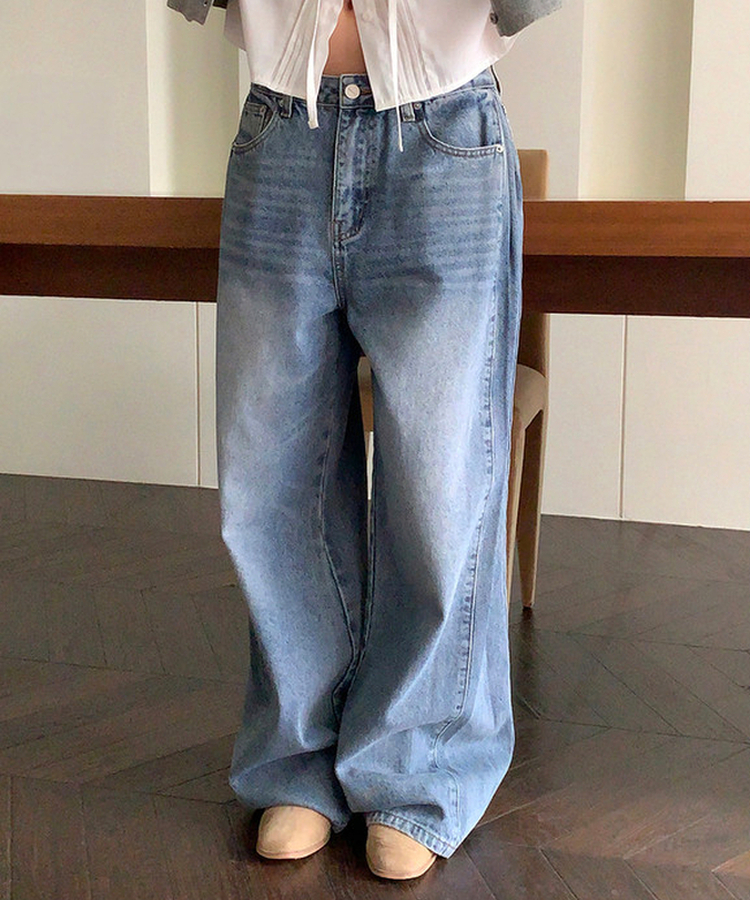 サイドピンテックワイドデニムパンツ MID DENIM
