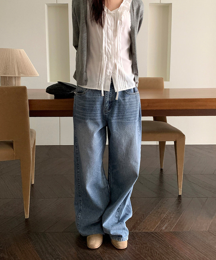 サイドピンテックワイドデニムパンツ MID DENIM