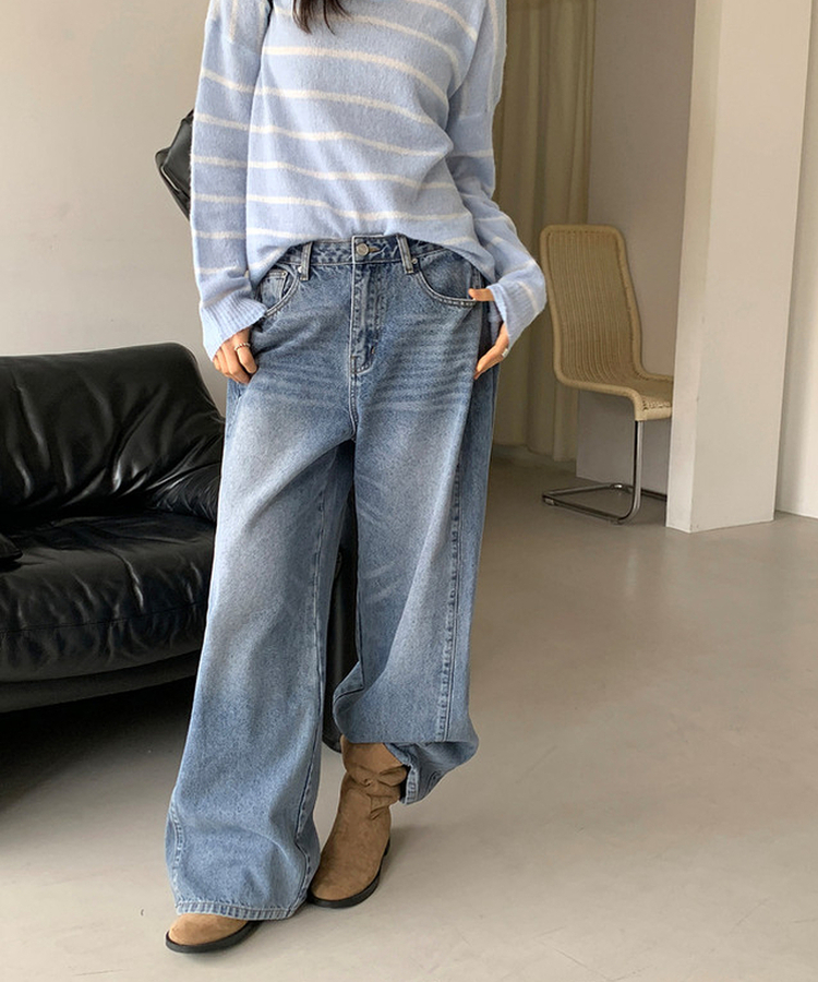 サイドピンテックワイドデニムパンツ MID DENIM