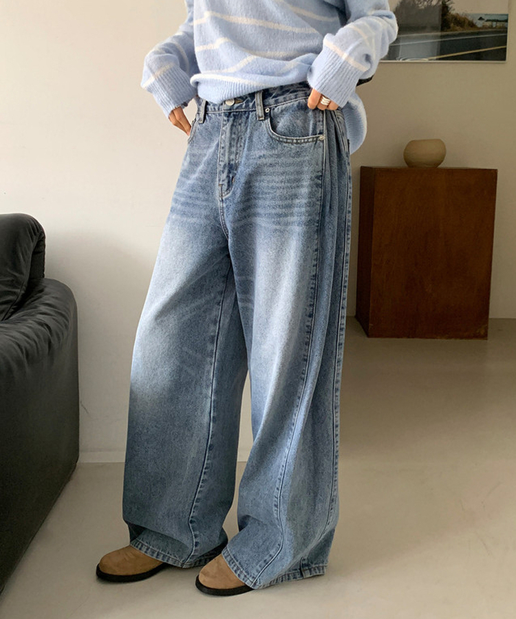 サイドピンテックワイドデニムパンツ MID DENIM