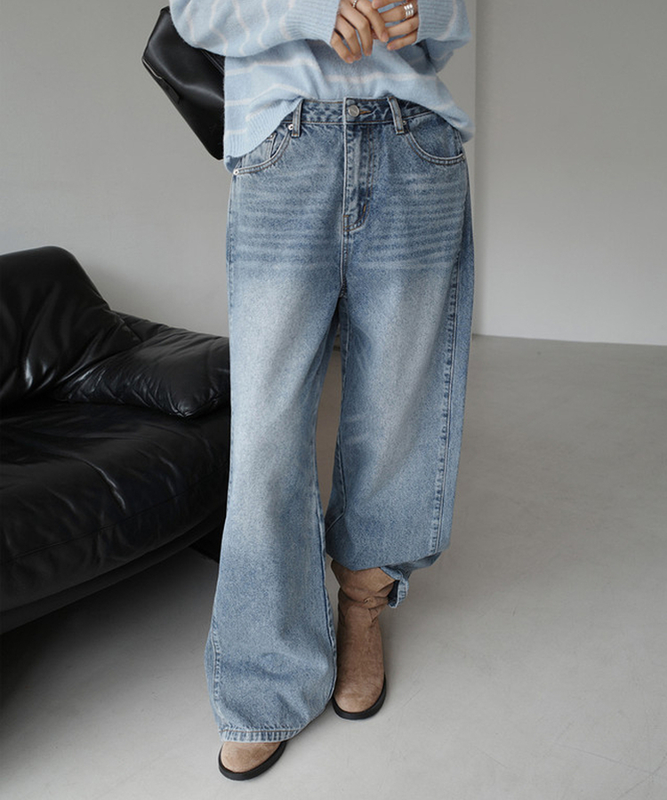 サイドピンテックワイドデニムパンツ MID DENIM