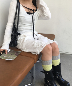 パンチングレースフラワー刺繍フリルミディスカート IVORY