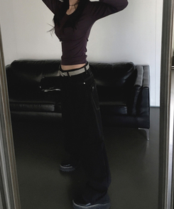 バックルビッグポケットバルーンワイドコットンパンツ BLACK