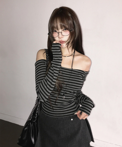 ストライプリボンオフ長袖Tシャツ CHARCOAL