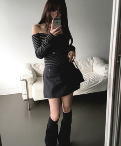 ストライプリボンオフ長袖Tシャツ CHARCOAL