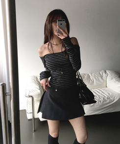 ストライプリボンオフ長袖Tシャツ CHARCOAL