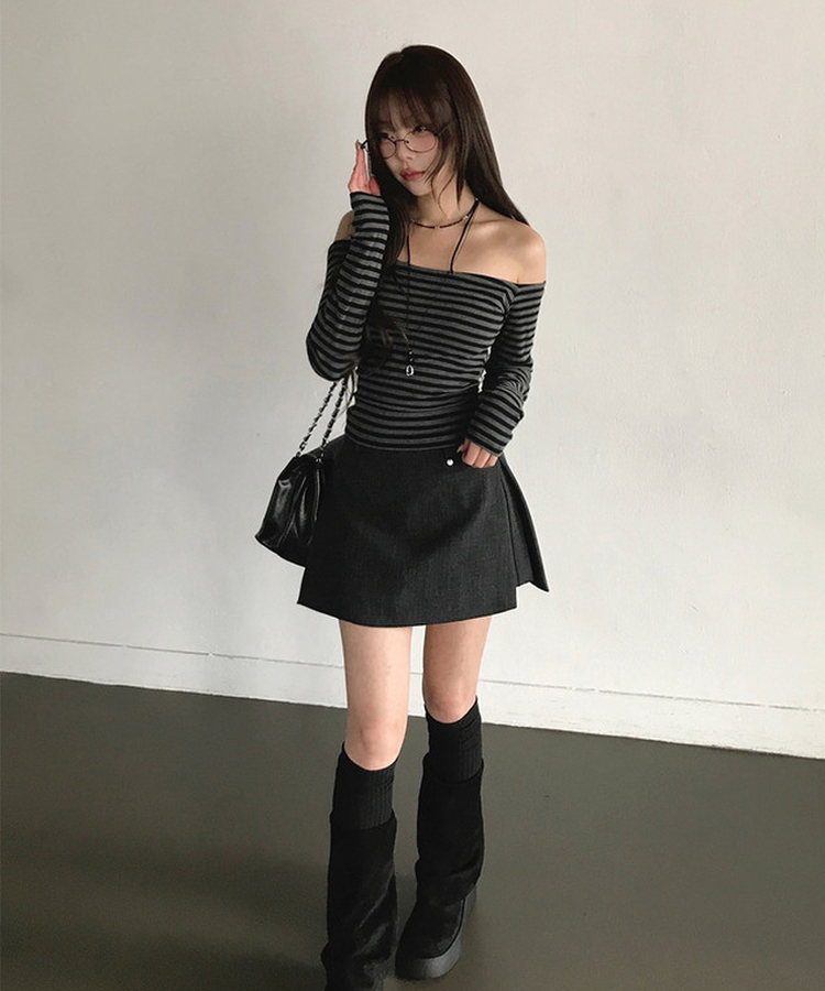 ストライプリボンオフ長袖Tシャツ CHARCOAL