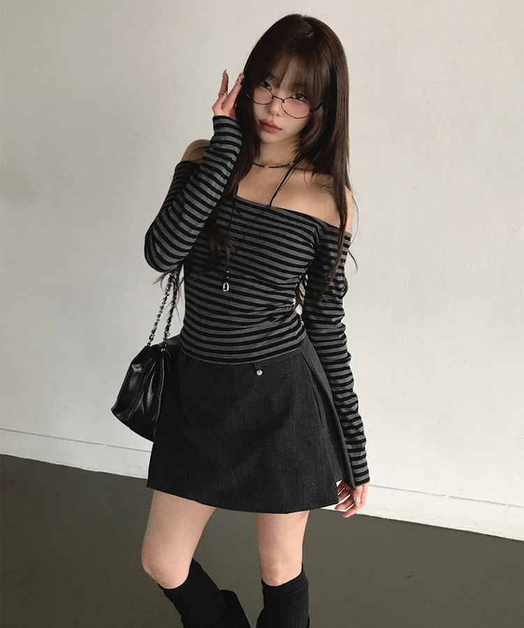 ストライプリボンオフ長袖Tシャツ CHARCOAL