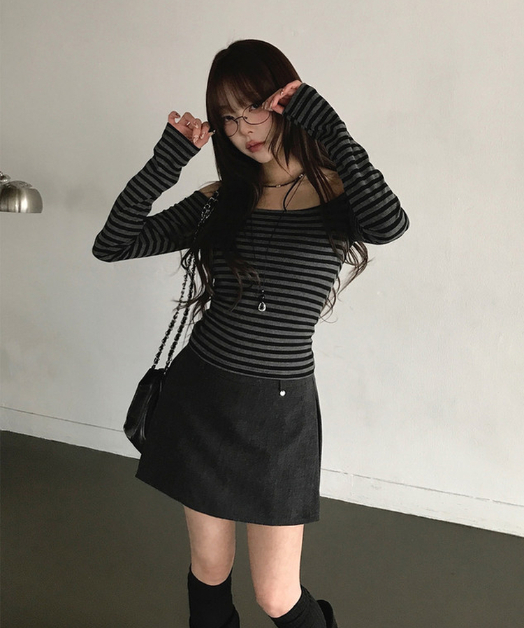 ストライプリボンオフ長袖Tシャツ CHARCOAL