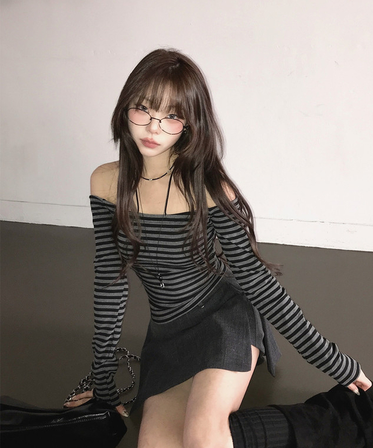 ストライプリボンオフ長袖Tシャツ CHARCOAL