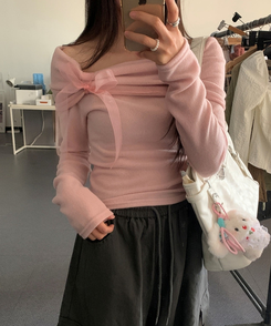 リボンオフショルダー長袖Tシャツ PINK
