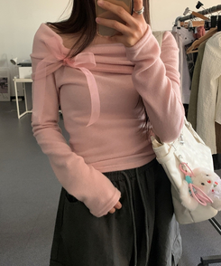 リボンオフショルダー長袖Tシャツ PINK