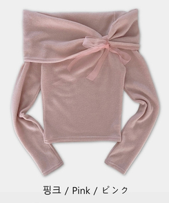 リボンオフショルダー長袖Tシャツ