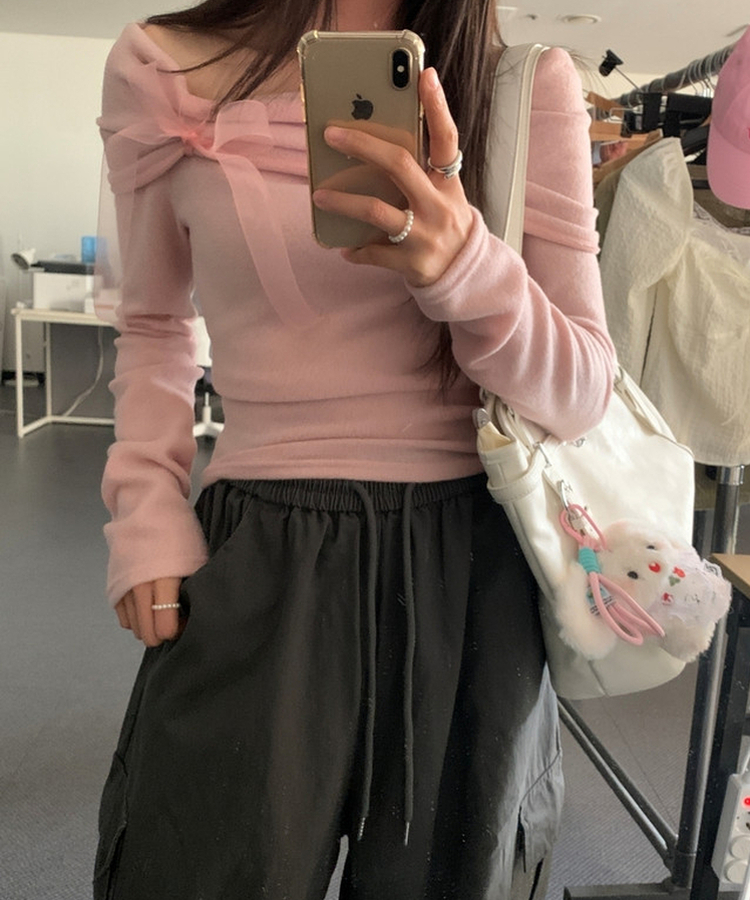 リボンオフショルダー長袖Tシャツ PINK