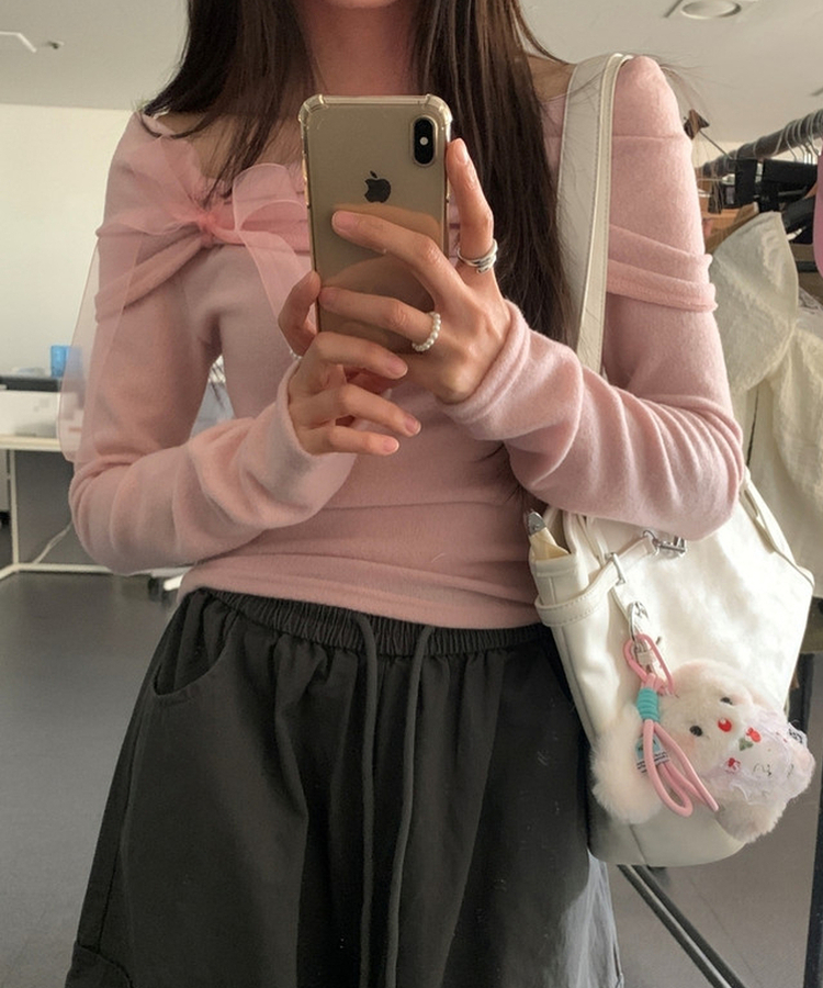 リボンオフショルダー長袖Tシャツ PINK