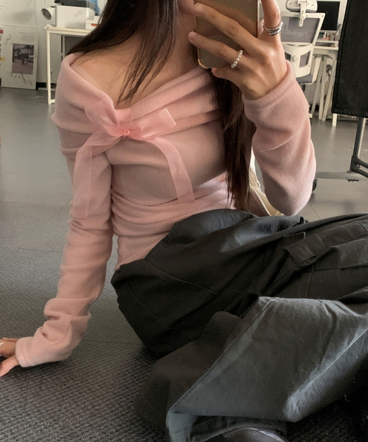 リボンオフショルダー長袖Tシャツ PINK