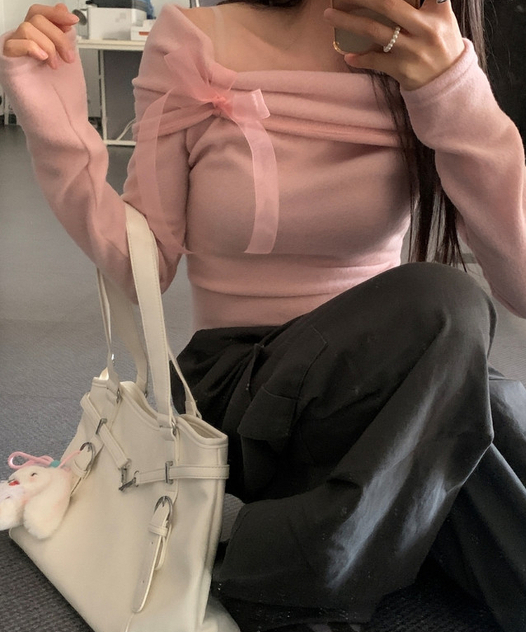 リボンオフショルダー長袖Tシャツ PINK