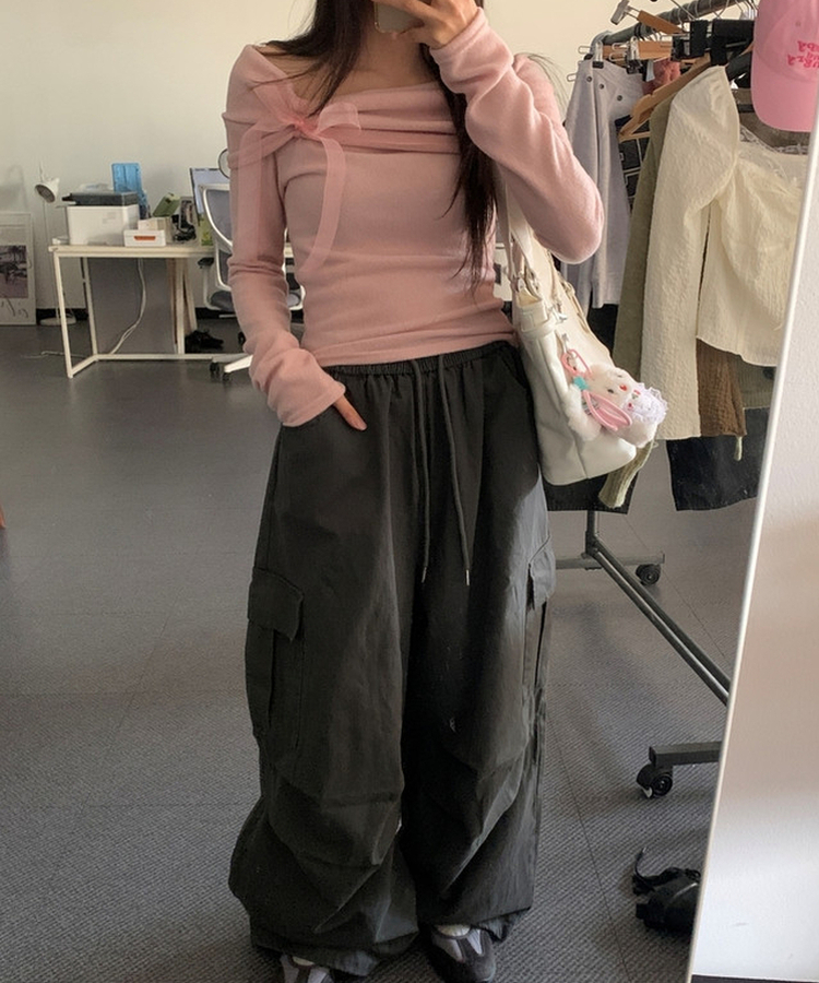 リボンオフショルダー長袖Tシャツ PINK