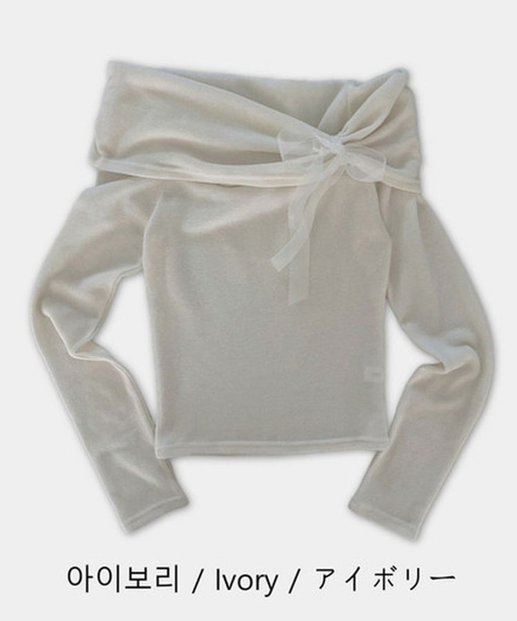リボンオフショルダー長袖Tシャツ
