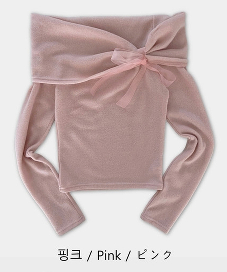 リボンオフショルダー長袖Tシャツ