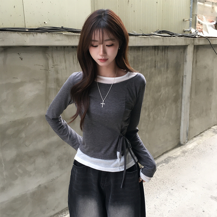 몸매보정되는 모모 라운드 레이어드 잔골지 나시 긴팔 티셔츠 세트 언발란스 허리잘록 리본 스트랩 배색 긴팔티 일체형 봄 스트라이프 상의 3color 먹색