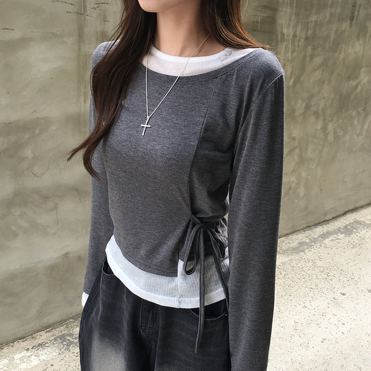 몸매보정되는 모모 라운드 레이어드 잔골지 나시 긴팔 티셔츠 세트 언발란스 허리잘록 리본 스트랩 배색 긴팔티 일체형 봄 스트라이프 상의 3color 먹색