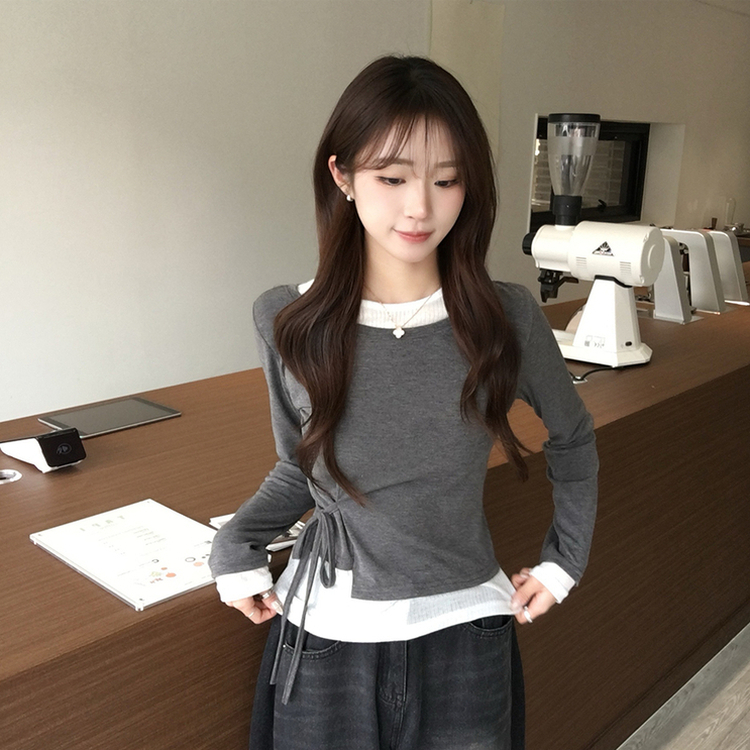 몸매보정되는 모모 라운드 레이어드 잔골지 나시 긴팔 티셔츠 세트 언발란스 허리잘록 리본 스트랩 배색 긴팔티 일체형 봄 스트라이프 상의 3color 먹색